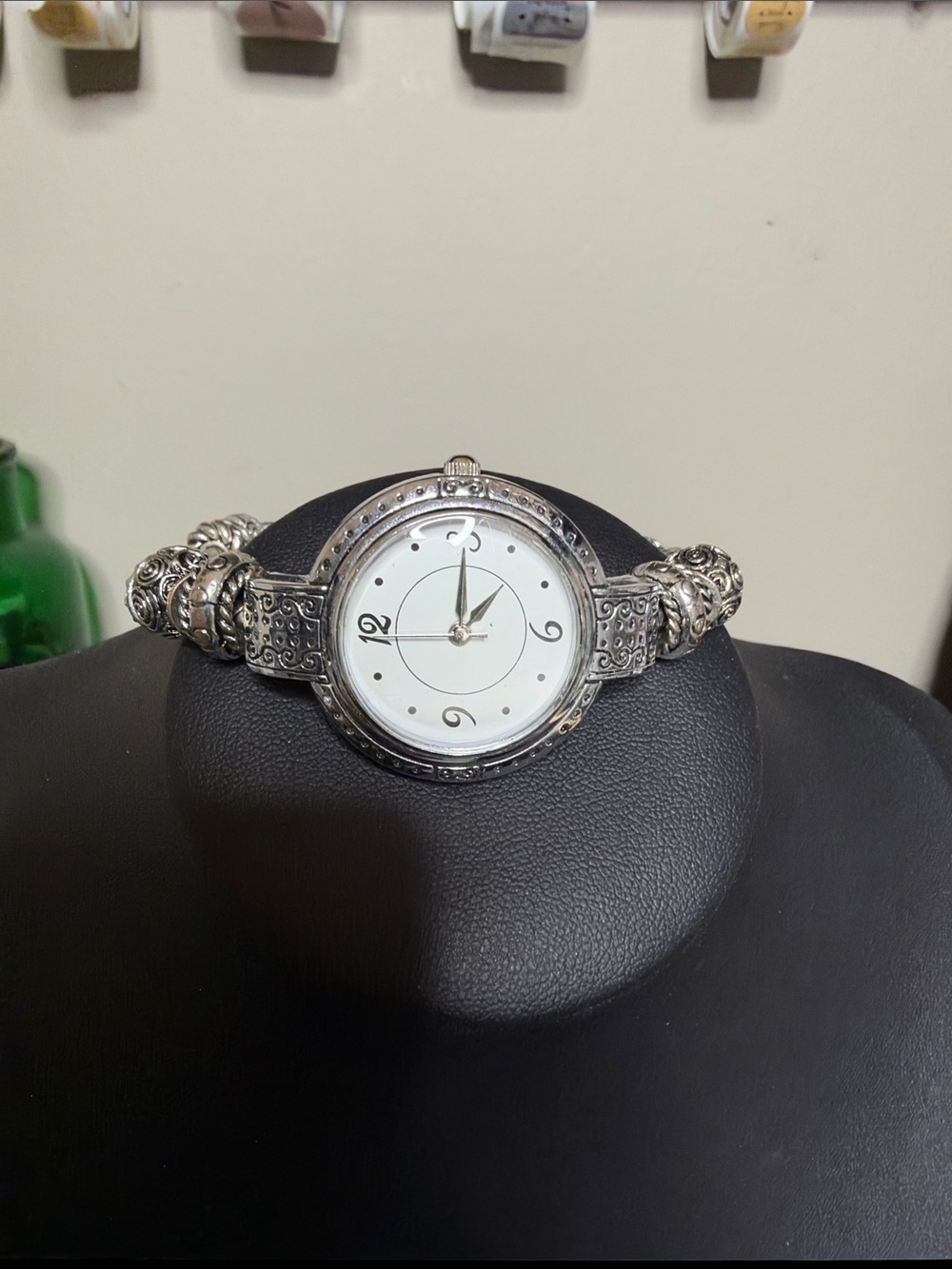 Women's Silver-Tone Ornate Bracelet Watch White Dial Toggle NEEDS BATTERY